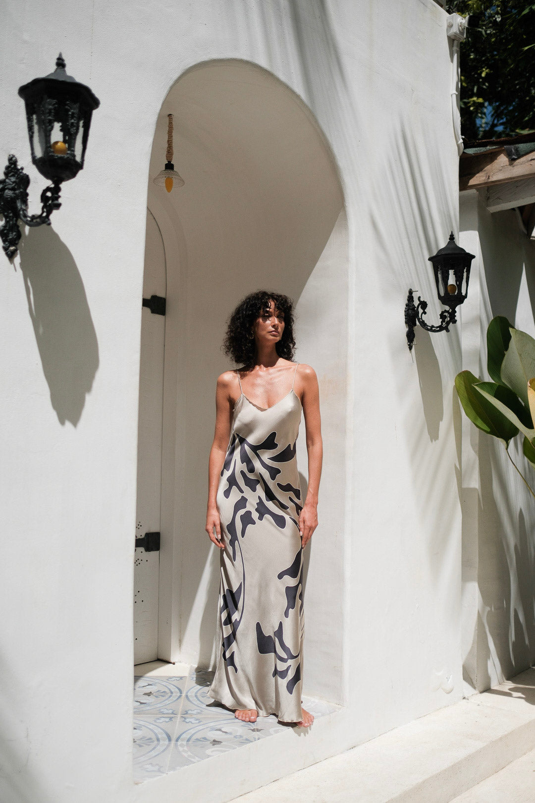 Brisa Hand-Painted Silk Dress Beige