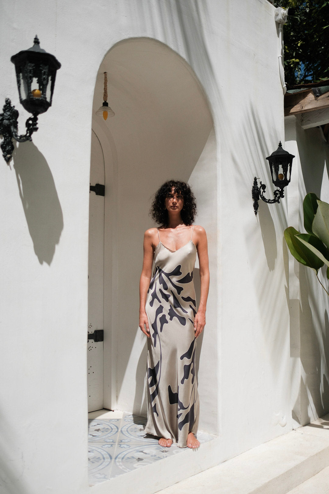Brisa Hand-Painted Silk Dress Beige