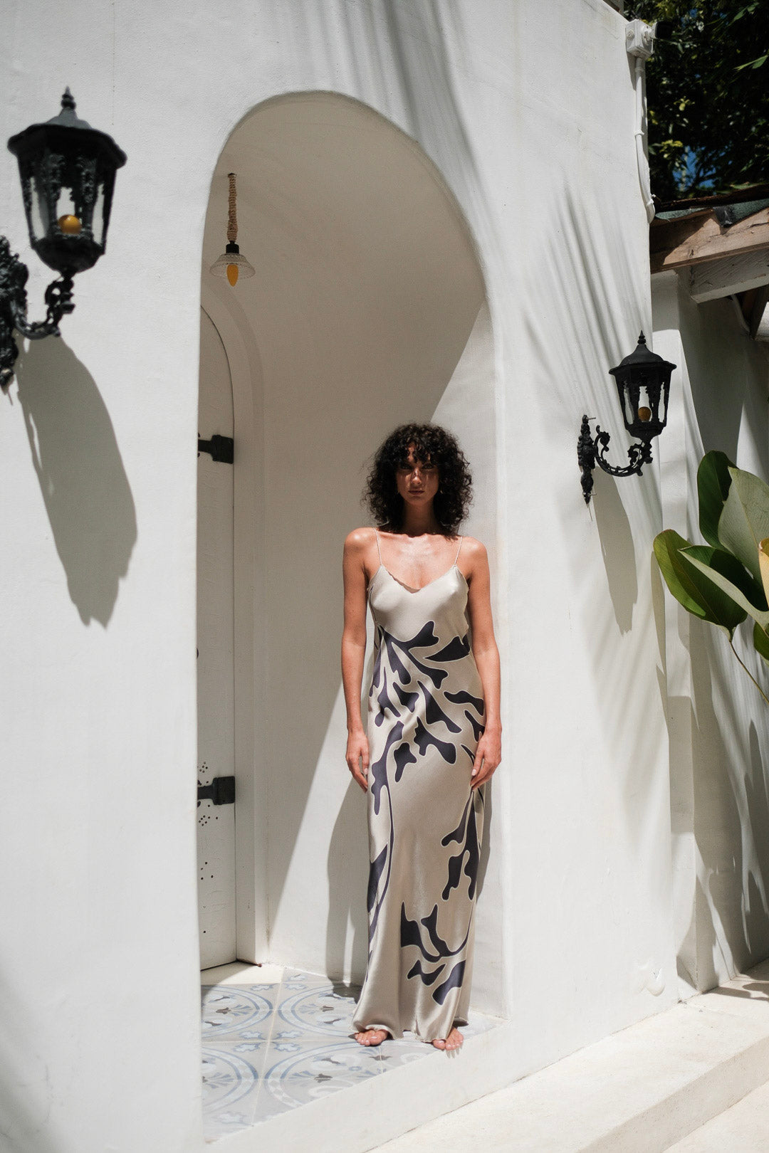 Brisa Hand-Painted Silk Dress Beige