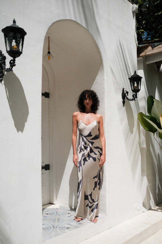 Brisa Hand-Painted Silk Dress Beige