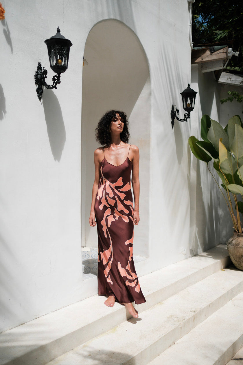Brisa Hand-Painted Silk Dress Burgundy