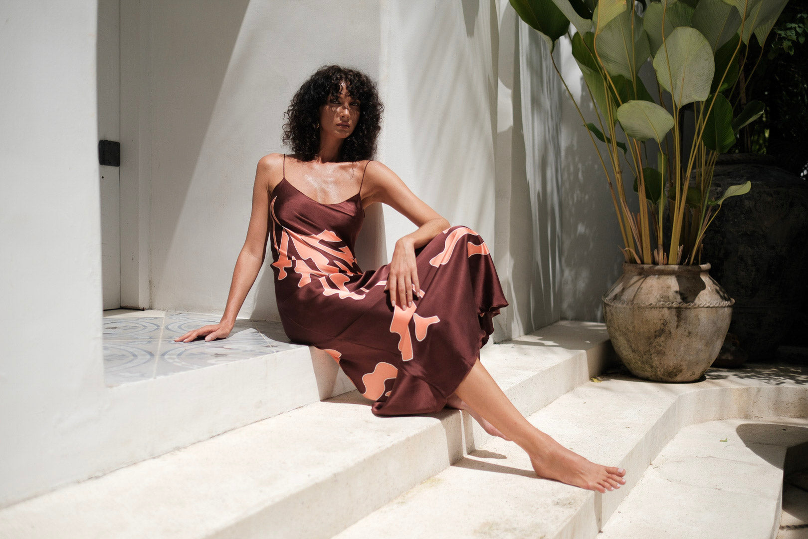 Brisa Hand-Painted Silk Dress Burgundy