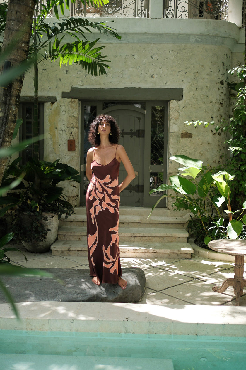 Brisa Hand-Painted Silk Dress Burgundy