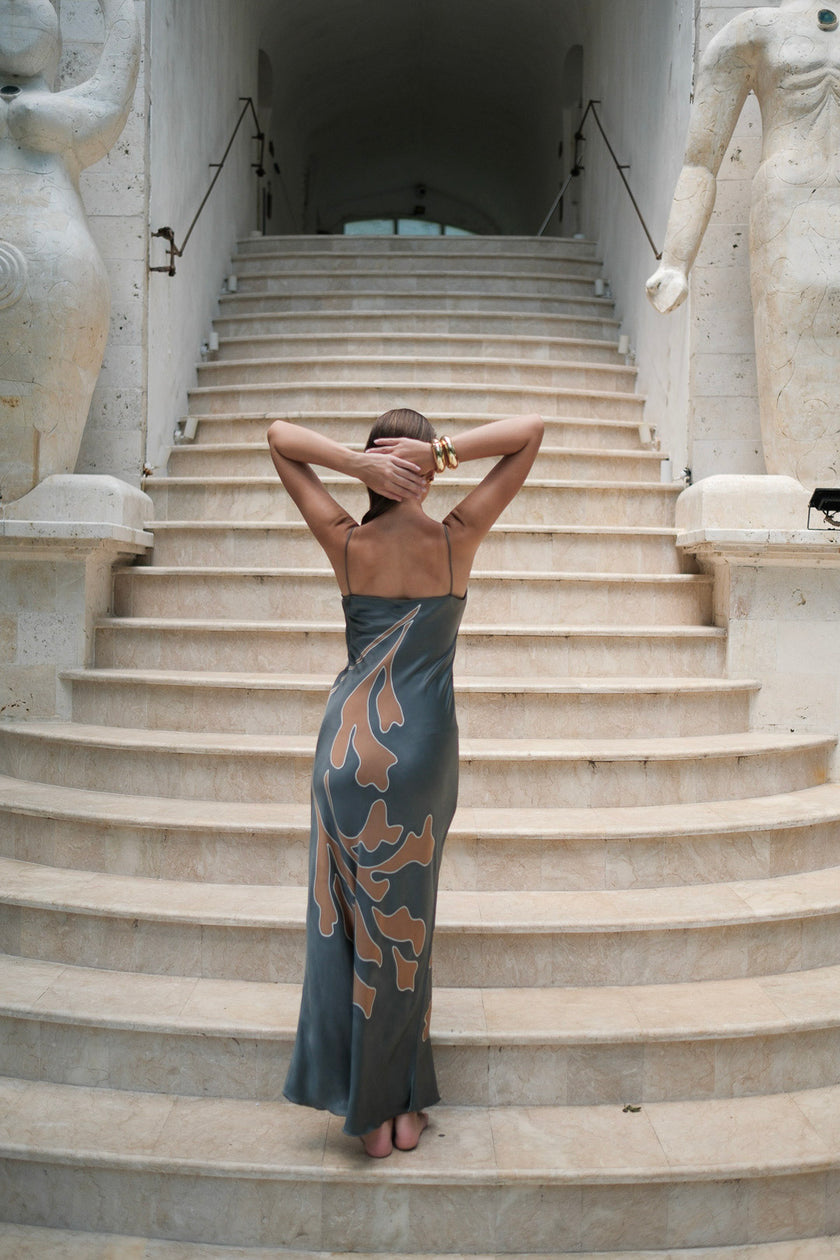 Brisa Hand-Painted Silk Dress Gray
